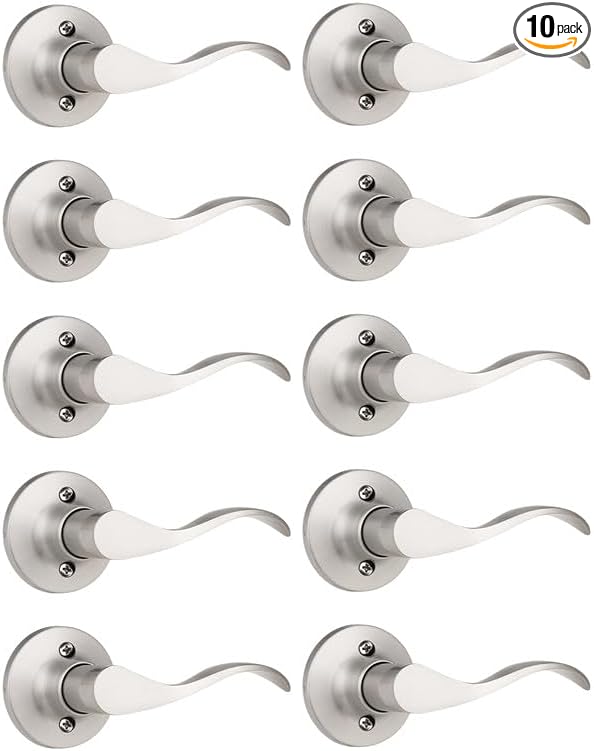 Mengico 10 Pack Satin Nickel Dummy Door Lever, Single Right Side Door Handle for Closets, Non-Turning Pull Only Lever Set, Wave Style Interior Door Knob