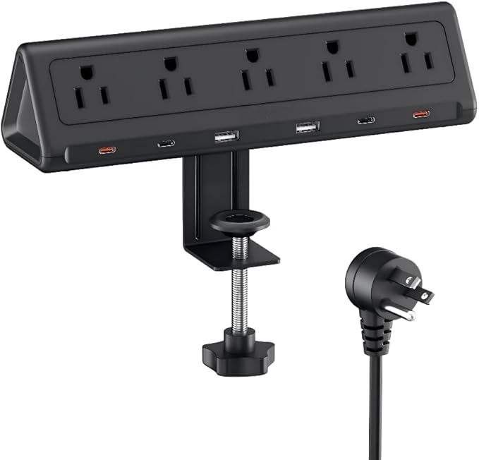 6.5 FT Desk Clamp Power Strip with 5 AC Outlets & 6 USB Ports PD 40W USB-C Fast Charging, 1250J Surge Protector, Fits 2.6 in top Edge Black