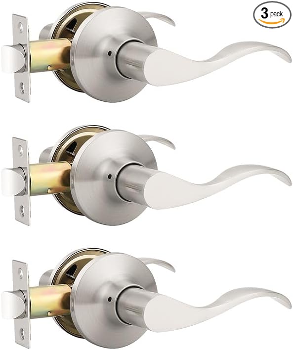 Mengico 3 Pack Satin Nickel Modern Interior Passage Door Knobs, Keyless Door Handle for Hallway & Closet, Wave Style Non-Locking Door Lever Reversible for Left & Right Handed