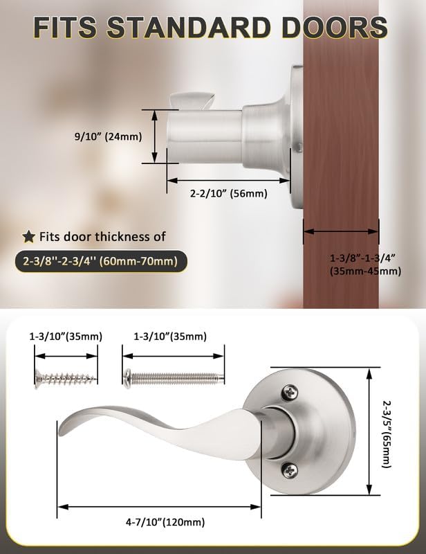 Mengico 4 Pack Satin Nickel Dummy Door Lever, Single Left Side Door Handle for Closets, Non-Turning Pull Only Lever Set, Wave Style Interior Door Knob