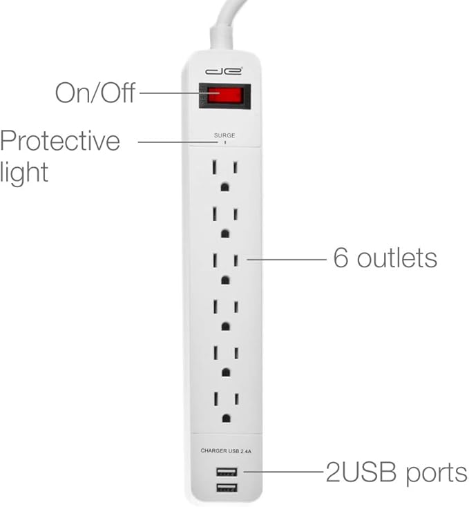 Digital Energy 6-Outlet + 2 USB 1050 Joule Surge Protector Power Strip with 15-Ft Long Extension Cord, White, UL Listed