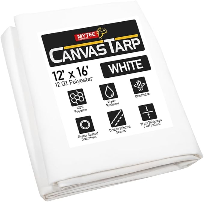 Mytee Products 12' x 16' White Canvas Tarp 12oz - Water Resistant & Breathable - Heavy Duty Tarps - Multipurpose Tarpaulin Cover for Camping Tent