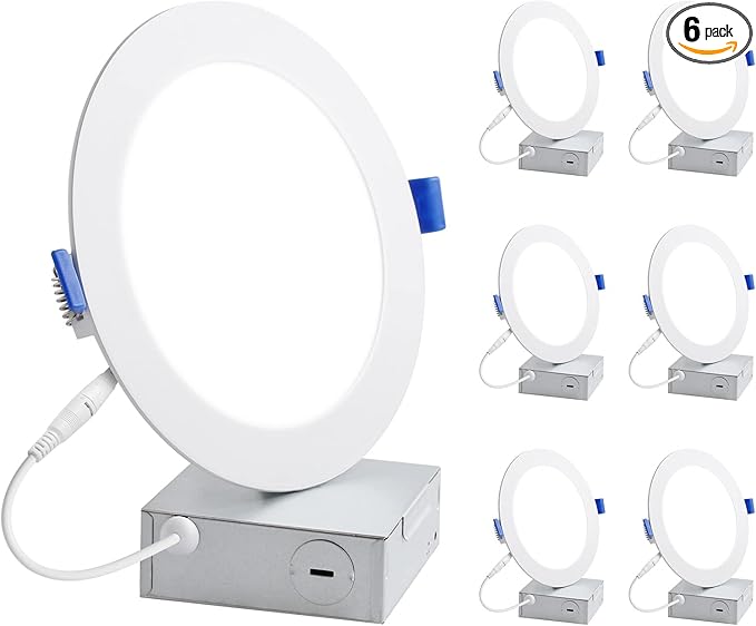 Lepro 6 Pack 6 Inch LED Recessed Ceiling Light with Junction Box, 5000 Kelvin Daylight Wafer Ultra-Thin, 1050 Lumen Dimmable Retrofit Downlight, 12 watt Eqv. 100 watt, ETL, Energy Star & FCC Certified