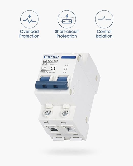 DC Miniature Circuit Breaker, 2 Pole 500V 10 Amp Isolator for Solar PV System, Thermal Magnetic Trip, DIN Rail Mount, Chtaixi DC Disconnect Switch C10