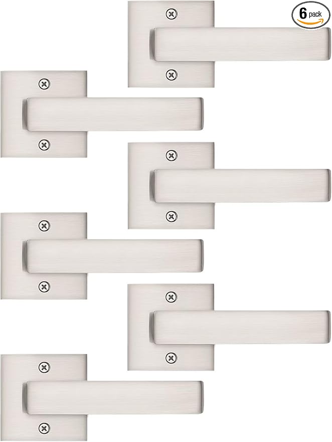 6 Pack Dummy Door Handles Brushed Nickel for Left Hand and Right Hand, Mordern Square Closet Hallway Door Knobs, Non-Turning Single Side Pull