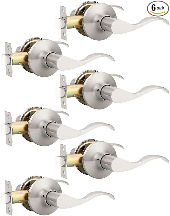 Mengico 6 Pack Satin Nickel Modern Interior Passage Door Knobs, Keyless Door Handle for Hallway & Closet, Wave Style Non-Locking Door Lever Reversible for Left & Right Handed