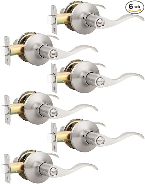 Mengico 6 Pack Satin Nickel Privacy Door Lever, Modern Interior Door Knobs Locks for Bedroom and Bathroom, Heavy Duty Door Handle, Reversible Wave Lever Handle