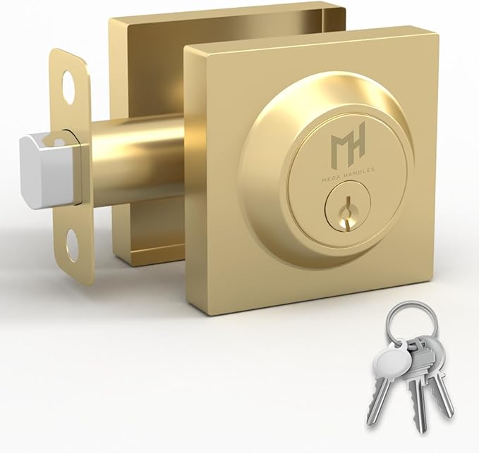 Mega Handles - Prime Deadbolt I Entry Deadbolt Lock - Heavy Duty Square Locking Deadbolt for Left or Right-Handed Doors - Interior/Exterior - Satin Brass