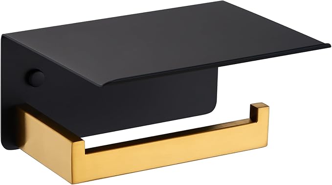 Toilet Paper Holder with Phone Shelf Black & Gold, APLusee 304 Stainless Steel Tissue Roll Dispenser Storage, Bathroom Accessories Wall Mounted