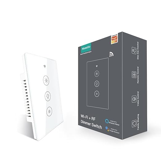 MoesGo WiFi RF Smart Light Dimmer Switch 2/3 Way Muilti-Control Association Smart Life/Tuya APP Relay Status Backlight Switch Off RF Remote Control,Compatible with Alexa Google Voice Assistants White