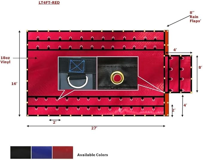 Mytee Products 2 Pack 16' x 27' Flatbed Truck 18 Oz Steel Tarp with 4 FT Drop & Flap - Red Heavy Duty Vinyl Waterproof Tarp for Trailers to Protect Cargo from Wind, Rain, Snow and Sun