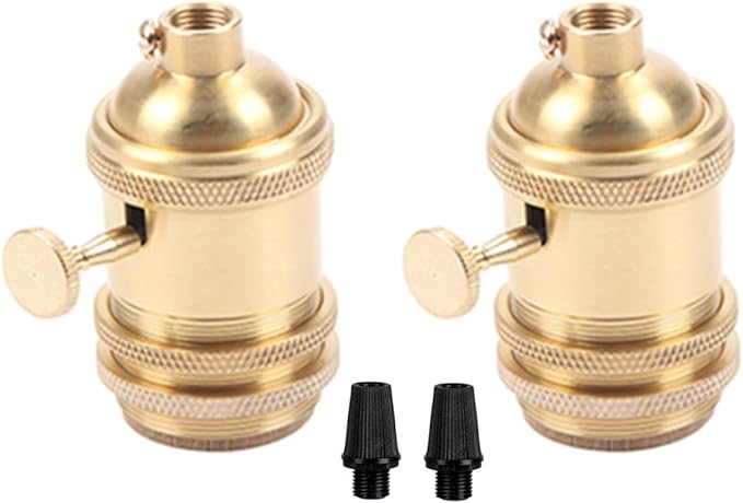 2 Pack Solid Brass Light Socket with 2 Socket Rings, Removable Turn Knob Version, Top Quality Supplies for Handmade Lighting, Lamps, Pendants etc (Natural Brass-Switch)