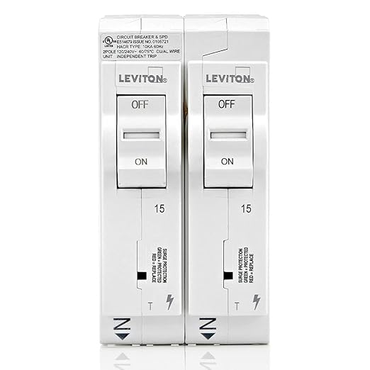 Leviton Surge Protective Device with Two 15A 1-Pole Plug-On Standard Branch Circuit Breakers, Thermal Magnetic, 120/240 VAC, LSPD1-T, White