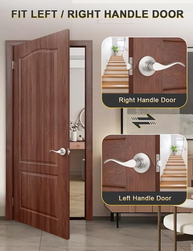 Mengico 6 Pack Satin Nickel Modern Interior Passage Door Knobs, Keyless Door Handle for Hallway & Closet, Wave Style Non-Locking Door Lever Reversible for Left & Right Handed