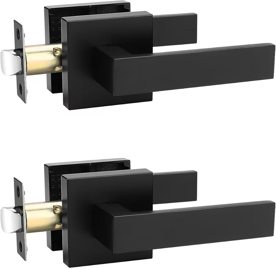 2 Pack Square Black Door Handles Interior, No Lock Passage Door Lever for Left or Right Handing, Heavy Duty Matte Black Closet Door Handle Sets