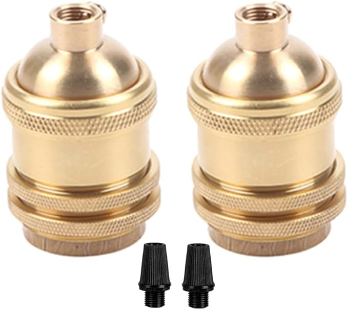 2 Pack Threaded Keyless Light Socket with 2 Socket Rings, Solid Brass, Top Quality Supplies for Handmade Lighting, Lamps, Pendants etc (Natural Brass-Keyless)