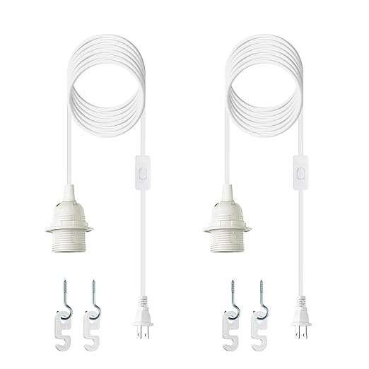 Plug in Light Socket - 16Ft Pendant Light Cord Kit E26/E27 Light Socket Hanging Lantern Lamp Cord with On/Off Switch,Socket Rings, 2 Pack, White