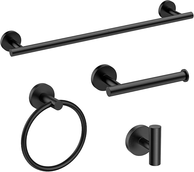 USHOWER Matte Black Bathroom Hardware Set, Modern 24-Inch Towel Bar Set Wall Mounted, Durable SUS304 Stainless Steel Bathroom Accessories Set, 4-Piece