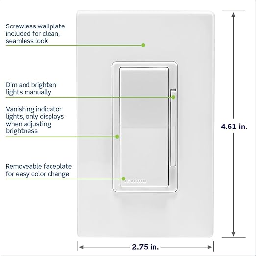 Leviton Decora Smart Dimmer Switch, 0-10V, Wi-Fi, Neutral Wire Required, Works with Matter, My Leviton, Alexa, Google Assistant, Apple Home/Siri & Wired or Wire-Free 3-Way, D2710-1BW, White