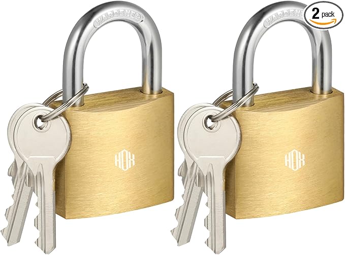 HOX 2-Pack Keyed Padlock, Waterproof and Rustproof, Solid Brass Lock with 1-1/4" Wide Body, Padlock with Keys for Storage Unit, Sheds, Garages and Fence