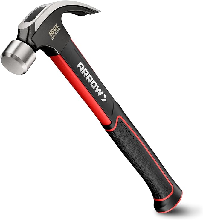 ARROW 16oz Claw Hammer with Shock-Absorbing Fiberglass Handle, Smooth Face and Forged Steel Head, Curved Claw Hammer for Carpentry and General Purpose