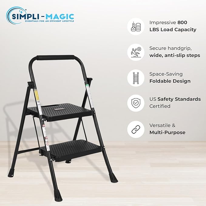 SIMPLI-MAGIC 2-Step Ladder, 800 LBS Capacity Folding Step Stool – Anti-Slip Wide Steps & Handgrip – ANSI Certified Lightweight & Durable Steel Stepping Stool for Kitchen, Home, Office & Garage