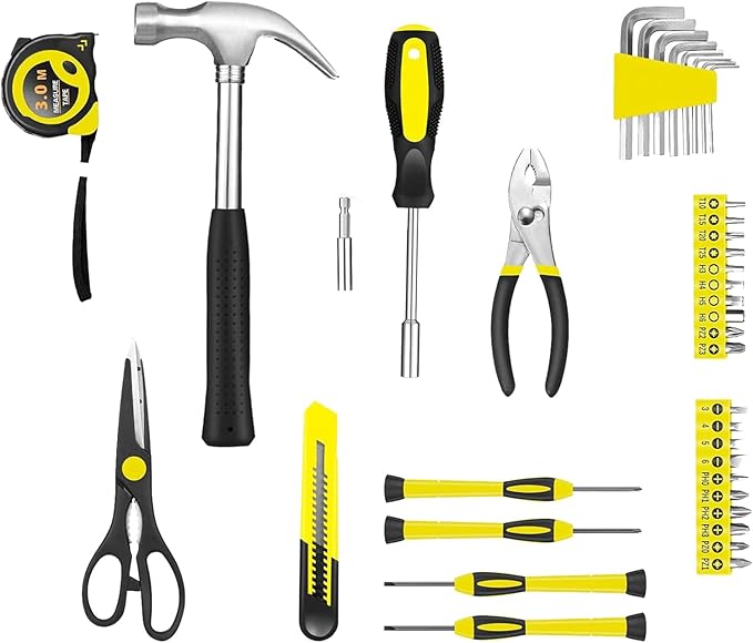 39 Piece Tool Set General Household Tool Kit - Basic Home Tool Set Small Hand Tool Kit with Plastic Toolbox Storage Case for Home Garage Office College Dormitory Use Yellow