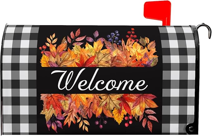 Fall Thanksgiving Maple Leaves Buffalo Plaid Mailbox Covers Magnetic Autumn Harvest Seasonal Holiday Welcome Post Letter Box Cover Standard Size 25.5x21 Inch for Garden Yard