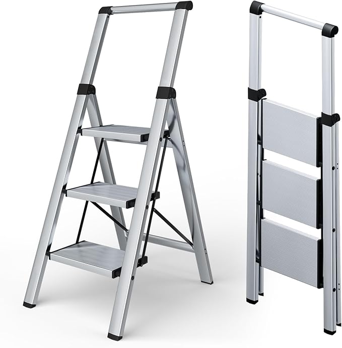 Taranta 3 Step Ladder, Portable Folding Ladder with Wide Pedal, Lightweight Aluminum Step Stool with Convenient Handgrip, 330 lbs Capacity Stepladder for Home, Office - Silver