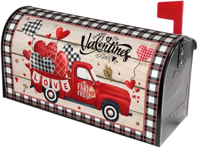 Valentines Day Mailbox Cover Magnetic Standard Size 25.5 x 21 Inch Love Hearts Red Truck Black White Buffalo Plaid Valentines Decoration Mailbox Cover Romantic Post Box Cover Wraps Garden Yard Decor