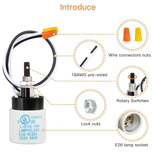 Helunsi E26 E27 Ceramic Lamp Socket with Rotary Knob Switch, Universal Replacement Porcelain ON OFF Turn Switch Light Bulb Socket, E26 Medium Base Lamp Holder with Threaded Nuts and Wire Lead - 2 Pack