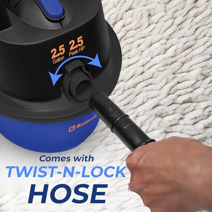 Koblenz WD-2.5L Portable Wet Dry Vacuum, 2.5-Gallon 2.5 PHP Suction Plus Blower Vacuum Cleaner for Liquids, Dust, Pet Hairs, 10’ Reach, For Car Cleaning, Wall-Mount Support, Parts Included, Blue/Black