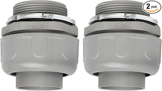 Conduit Connectors, 1-1/2 Inch Liquid Tight Connector NPT Non-Metallic for PVC Electrical Flexible Conduit Fittings, 180 Degree Straight, UL Listed for Home Outdoor Tubes Tools, Grey (2-Pack)