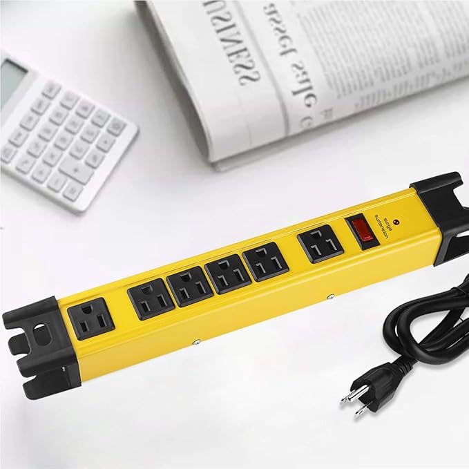 Heavy Duty Power Strip Surge Protector - 6 Outlet Industrial Strip With 15A, 15 FT Cord, 1200 Joules - ETL Listed Yellow Metal for Shop, Workshop, Garden
