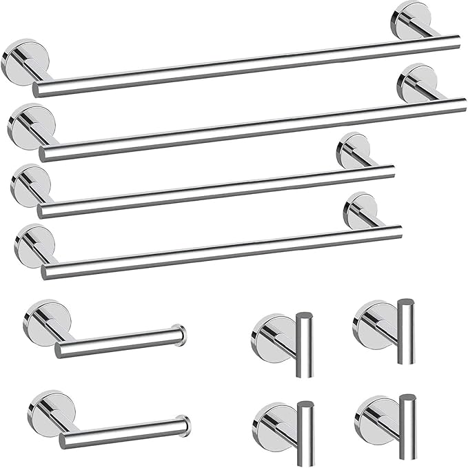 Newfun 10 Pieces Polished Chrome Bathroom Hardware Set - Includes 24inch Towel Bar, Robe Hook, Toilet Paper Holder, Bathroom Accessories Set Stainless Steel Wall Mounted