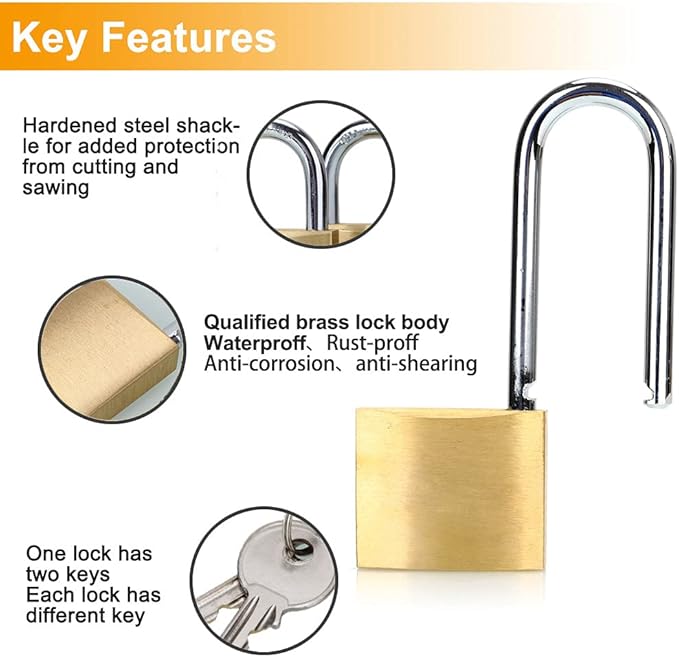 ABRAFOX Lock Solid Brass Keyed Different Long Shackle Padlock -(1-9/16 inch 40mm 2pack