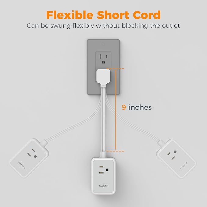 Short Power Strip 9 inch, TESSAN Flat Plug Small Extension Cord with 3 Outlet Extender 3 USB (1 USB-C) Ports, Desk Power Strip for Cruise Travel Office School Dorm Room Essentials