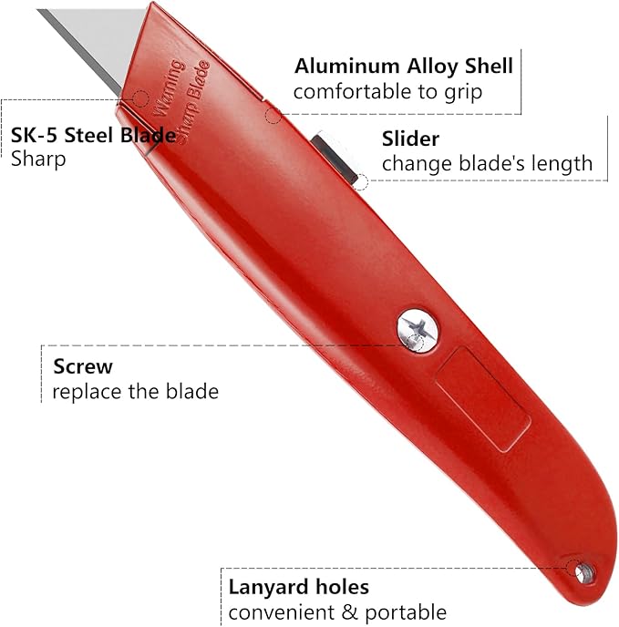 DIYSELF 30 Pack Box Cutter Heavy Duty Aluminium Shell Utility Knife | SK5 Steel Sharp Blade | Retractable Knife for Cutting Cartons Ropes and Cardboard | Home and Office Use (Red)