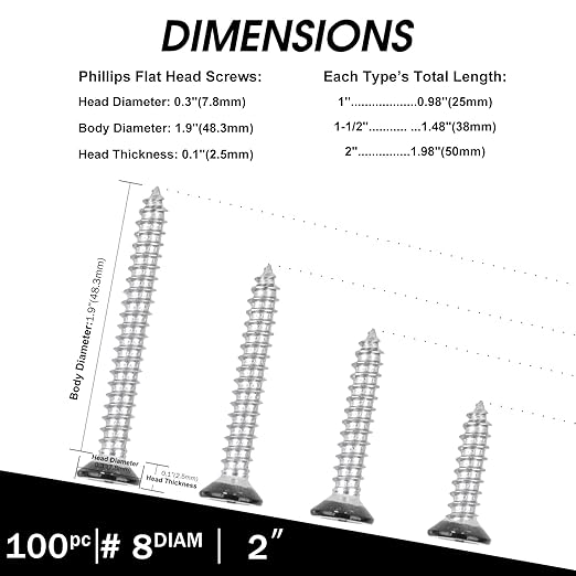 Black Head 100 PCS #8X2" Stainless Steel Phillips Flat Head Wood Screws,Stainless Steel 18-8 A2(304) Screw,Home Screw Kit by QISHENG
