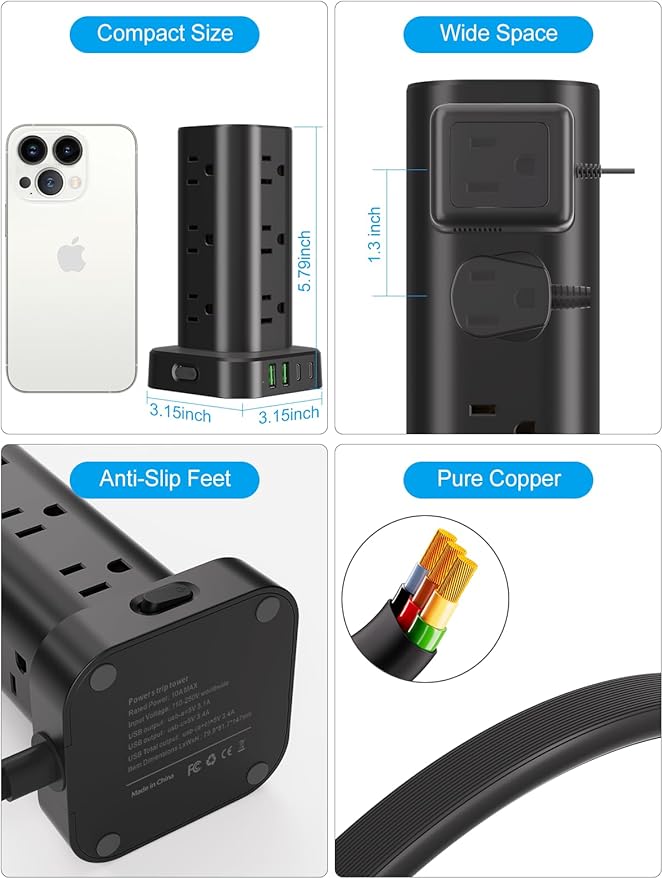 Power Strip with Wireless Charger, Flat Plug Surge Protector with 6FT Extension Cord, 12 AC Multiple Outlets, 4 USB (2 USB C), 15W Wireless Charging Power Tower for Home Office Dorm, Black