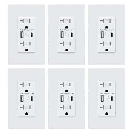 USB Wall Outlet, Charger Outlets Receptacles with 4.2A USB C Ports, 20 Amp Duplex Tamper Resistant Receptacle Plug with Electrical Outlet, Wall Plate Included, ETL Listed,White, 6 Pack