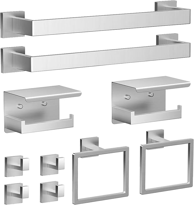 Brushed Nickel Bathroom Towel Bar Set 10 Pieces, Stainless Steel Towel Racks Set with 2×16 InchTowel Bars, 2×Toilet Paper Holder, 2×Towel Rings, 4× Robe Hooks for Bathroom