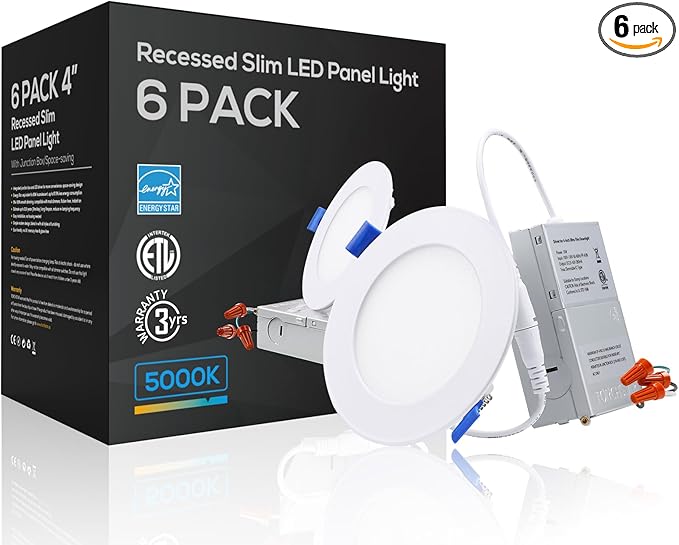 TORCHSTAR 4 Inch Slim Recessed Lighting with Junction Box, Dimmable 10W Ultra-Thin Recessed Light, 5000K Daylight, 700LM Basic Series LED Downlight, ETL & Energy Star, Pack of 6