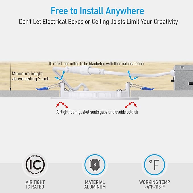 TORCHSTAR Basic Series 12-Pack 5CCT 4 Inch Ultra-Thin LED Recessed Lighting with J Box, CRI90, Aluminum, 2700K3000K3500K4000K5000K, 5%-100% Dimmable Slim Recessed Downlight, 9W 810LM, ETL & ES