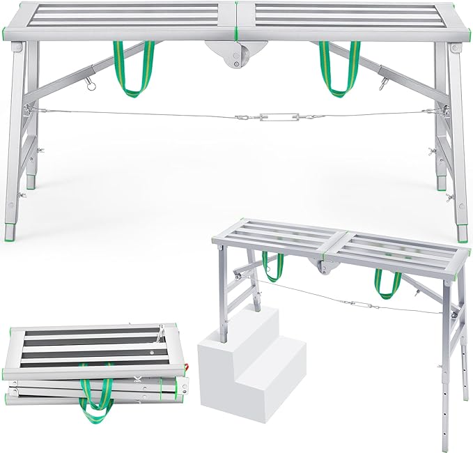 Zonon 47" L x 11.8" W x 24" to 35" H Folding Work Platform Portable Scaffolding Step Stool 4 Height Adjustment 400 Lbs Load Capacity Non Slip Work Platform Ladder for Home Drywall Cleaning Painting