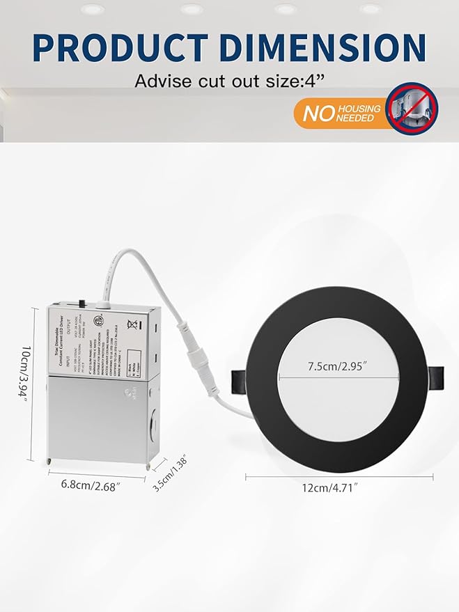 4-inch LED Recessed Lights - Slim Recessed Ceiling Light with Junction Box, 9W 5CCT Selectable Canless Lighting fixture, Dimmable, Easy Install for Bedroom, Kitchen, Living Room, 12 Pack, Black