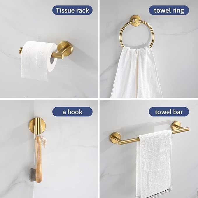 Bathroom Hardware Set Brushed Gold, 10pcs Towel Bar Set Including 2pcs16 inch Towel Bars, Toilet Paper Holders, Towel Rings and 4pcs Robe Towel Hooks