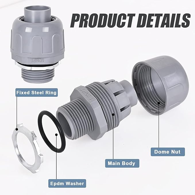 Liquid Tight Connector 1/2 in - Non-Metallic Electrical Conduit Fittings, UL Listed PVC Conduit Fitting (Straight, 64 Pack), Gray