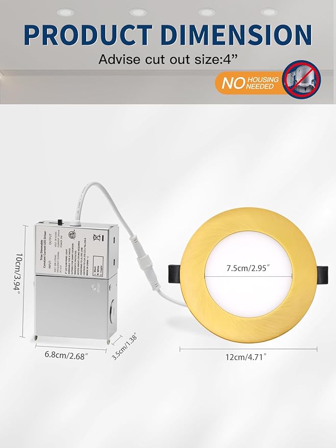 4-inch LED Recessed Lights - Slim Recessed Ceiling Light with Junction Box, 9W 5CCT Canless Lighting Fixture, Dimmable, Easy Install for Bedroom, Kitchen, Living Room, 12 Pack, Shiny Gold