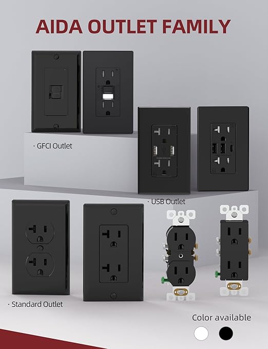 AIDA 20 Amps Outlets Duplex Electrical Receptacle Outlets,Tamper Resistant,Heavy-Duty Receptacle Wall Outlet,Residential,TR,3-Wire, Self-Grounding Clip, NEMA 5-20R,UL Listed (50 Pack, Black
